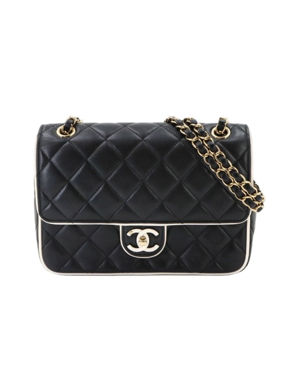 Chanel Quilted Chain Shoulder Bag Lambskin Black White Gold